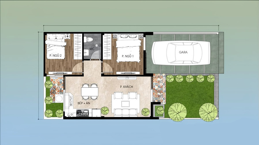 Bản vẽ mặt bằng nhà chữ L 1 tầng 2 phòng ngủ 100m2