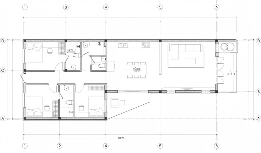 Bản vẽ mặt bằng công năng nhà chữ L 1 tầng 3 phòng ngủ 140m2