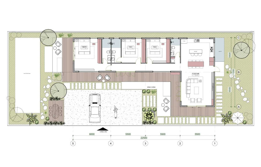 Mặt bằng công năng nhà chữ L 1 tầng 3 phòng ngủ 160m2