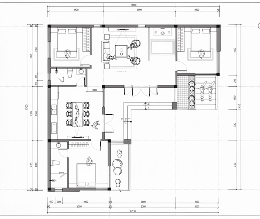 Bản vẽ mặt bằng nhà chữ L 1 tầng 3 phòng ngủ có phòng thờ
