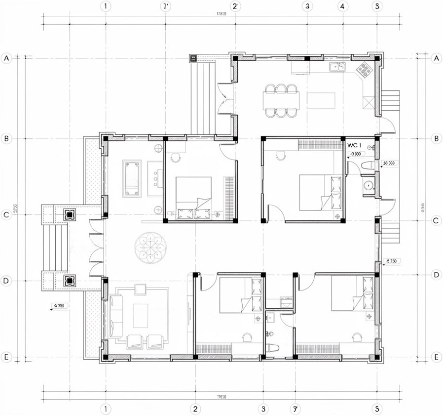 Bản vẽ mặt bằng công năng nhà chữ L 1 tầng 4 phòng ngủ có phòng thờ