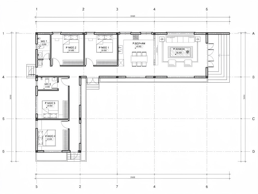 Bản vẽ mặt bằng nhà chữ L 1 tầng 4 phòng ngủ 140m2