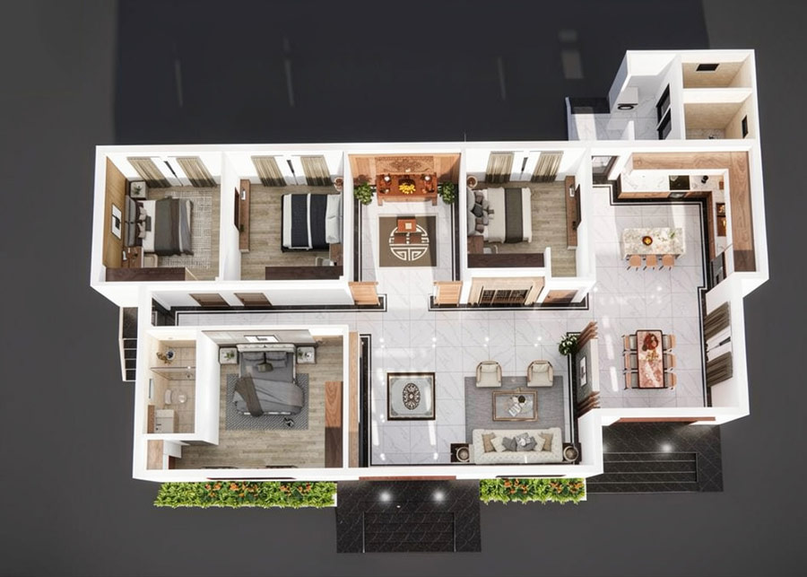 Bản vẽ mặt bằng công năng nhà chữ L 1 tầng 4 phòng ngủ 160m2