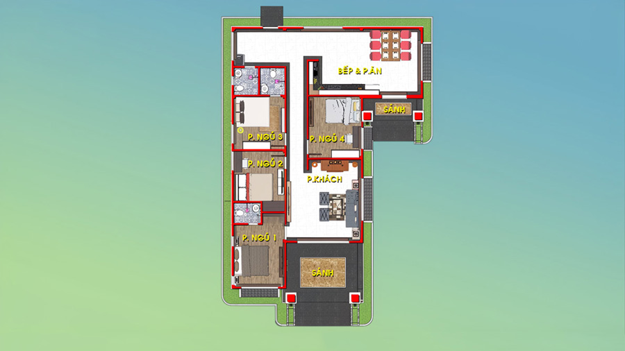 Bản vẽ mặt bằng nhà chữ L 1 tầng 4 phòng ngủ 180m2