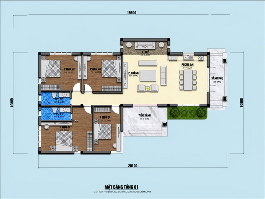 Bản vẽ mặt bằng nhà chữ L 1 tầng 4 phòng ngủ 200m2