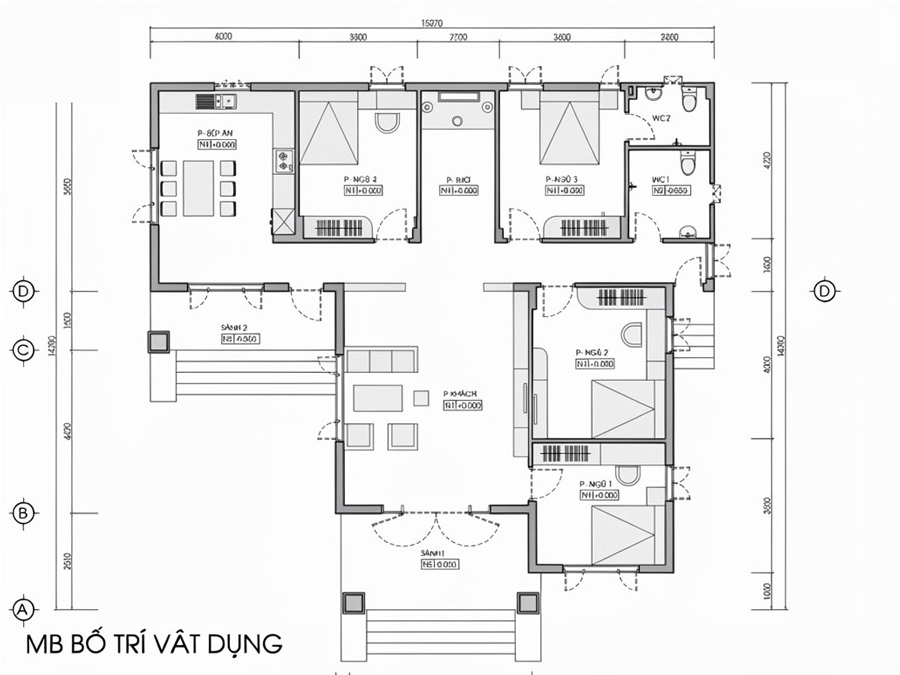 Bản vẽ mặt bằng nhà chữ L 1 tầng 4 phòng ngủ 220m2