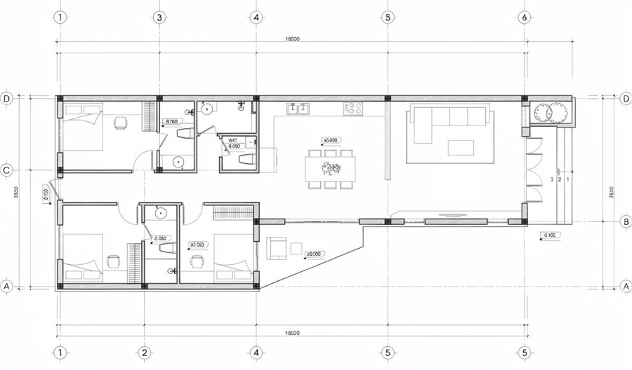 Bản vẽ mặt bằng nhà mái Thái 1 tầng 3 phòng ngủ chữ L