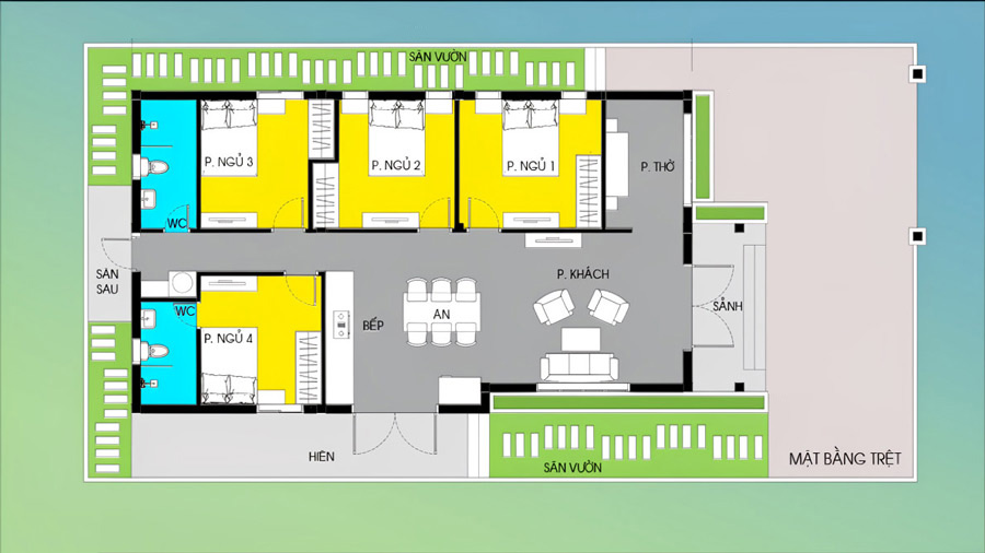 Bản vẽ mặt bằng nhà mái Thái 1 tầng 4 phòng ngủ 120m2