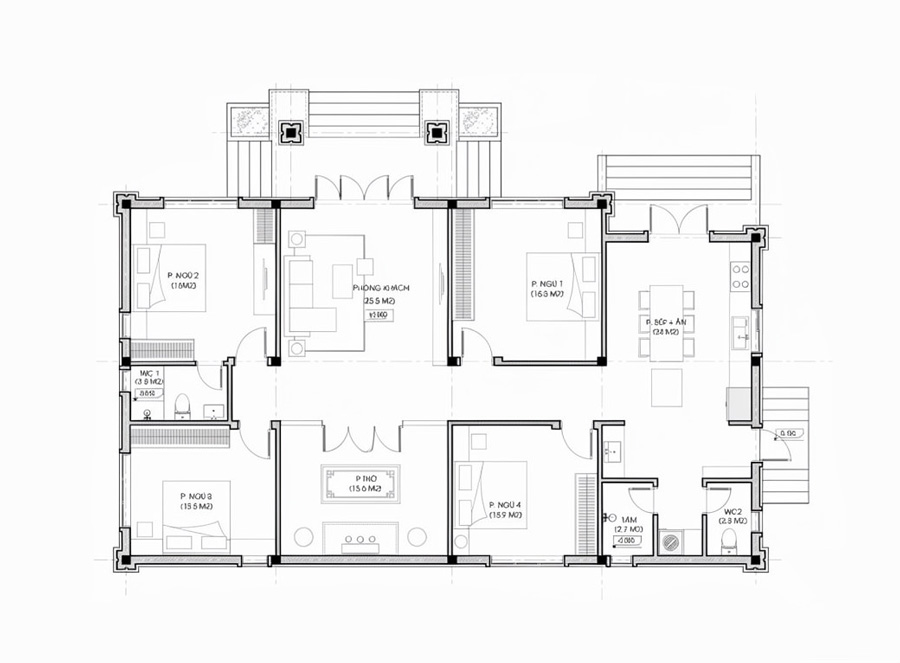 Bản vẽ mặt bằng nhà mái Thái 1 tầng 4 phòng ngủ 180m2