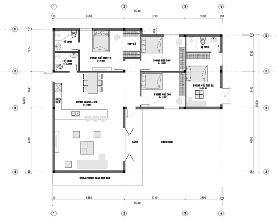 Bản vẽ mặt bằng nhà mái Thái 1 tầng 4 phòng ngủ chữ L