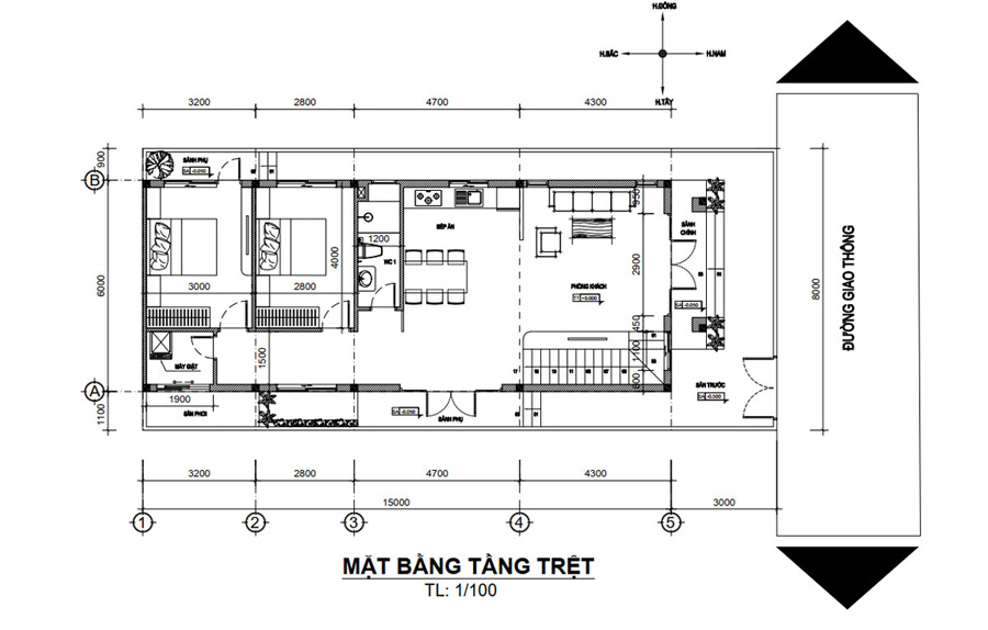 Bản vẽ mặt bằng tầng trệt nhà mái Thái 1 tầng 4 phòng ngủ có gác lửng