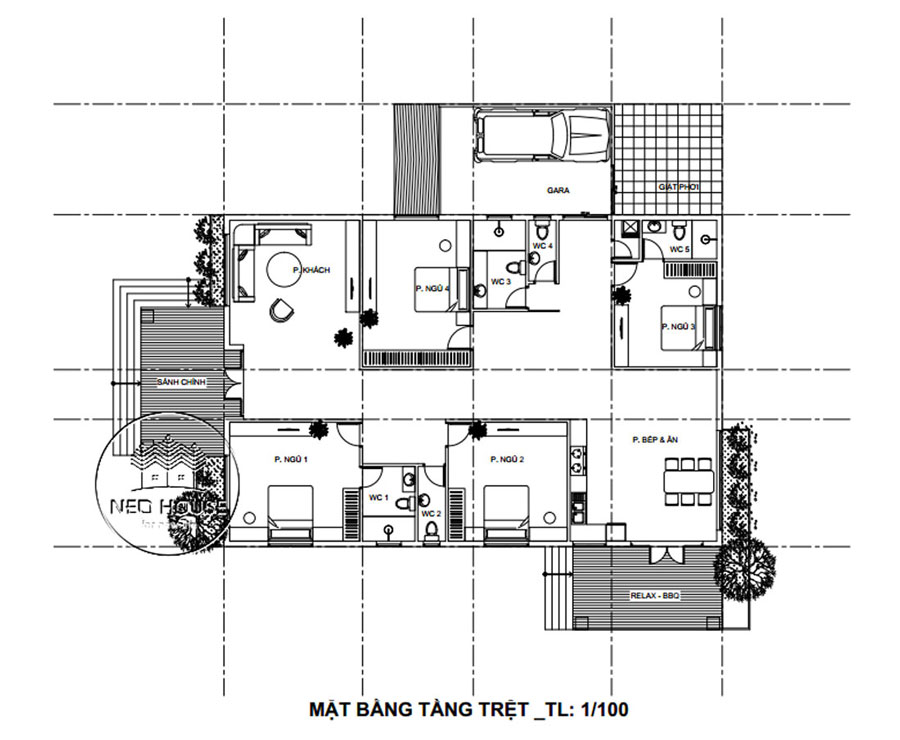 Bản vẽ mặt bằng nhà mái Thái 1 tầng 4 phòng ngủ có gara