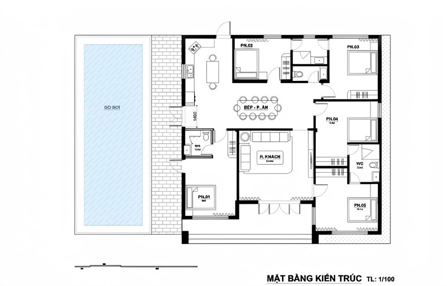 Mặt bằng nhà mái Thái 1 tầng 5 phòng ngủ 200m2