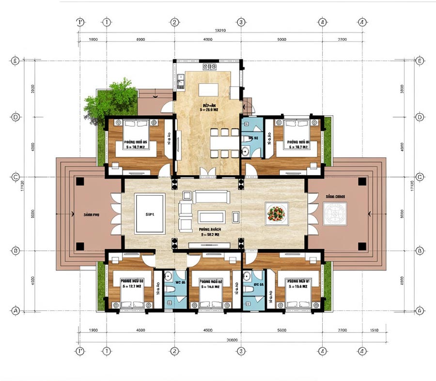 Mặt bằng nhà mái Thái 1 tầng 5 phòng ngủ 300m2