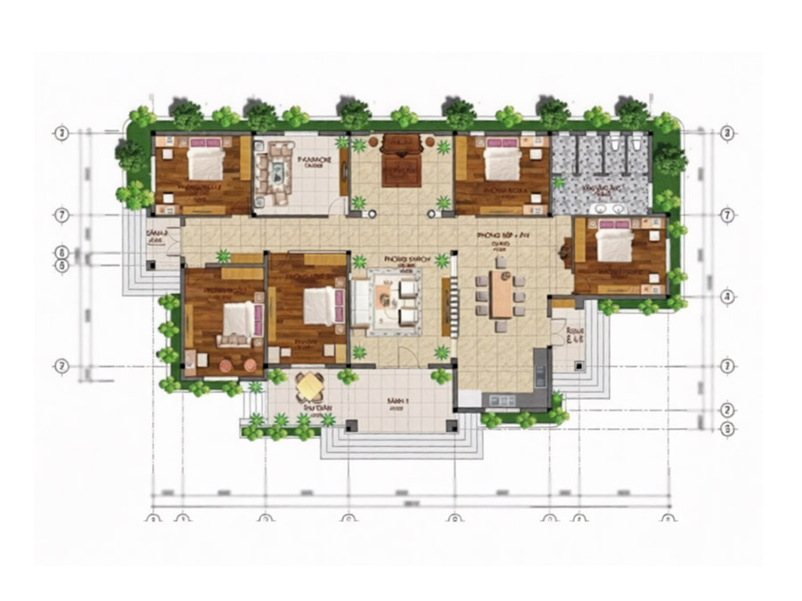 Mặt bằng nhà mái Thái 1 tầng 5 phòng ngủ có sân vườn