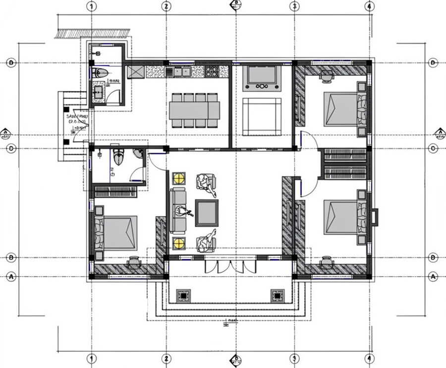 Bản vẽ mặt bằng nhà vuông 10x10m 1 tầng 3 phòng ngủ 1 phòng ngủ