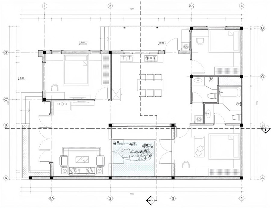 Bản vẽ mặt bằng nhà vuông 10x10m 1 tầng 3 phòng ngủ