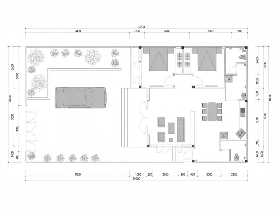 Bản vẽ mặt bằng nhà vuông 10x10m 1 tầng có gara