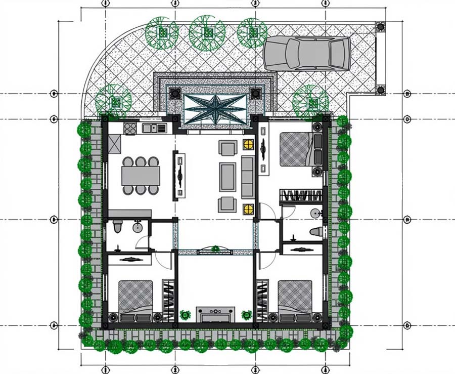 Bản vẽ mặt bằng nhà vuông 10x10m 1 tầng có sân vườn