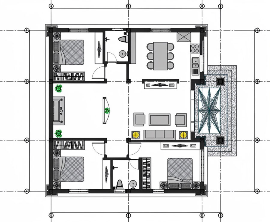 Bản vẽ mặt bằng nhà vuông 10x10m 1 tầng hiện đại