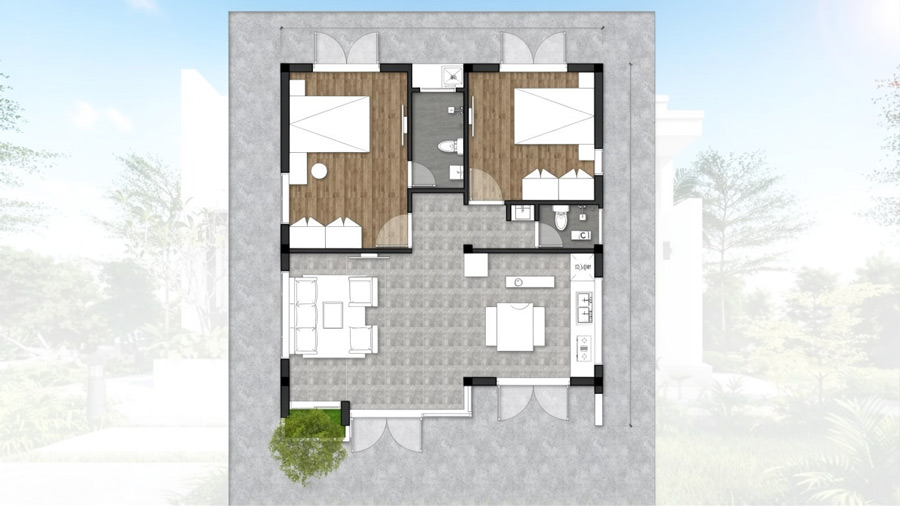 Bản vẽ mặt bằng nhà vuông 8x9m 1 tầng 2 phòng ngủ