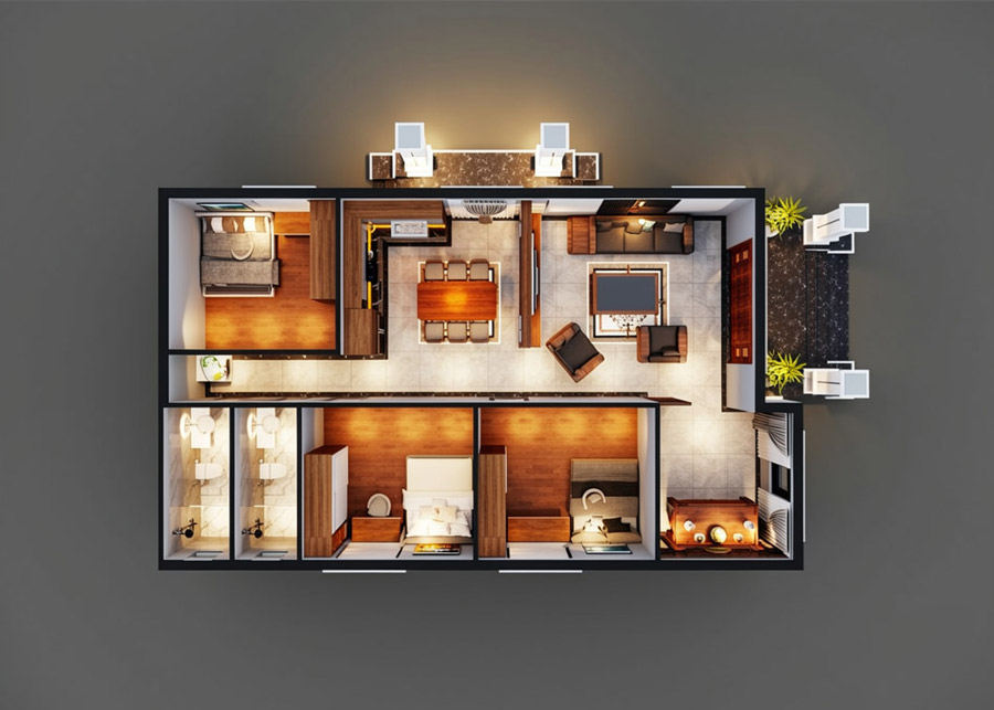 Bản vẽ mặt bằng nhà vuông 8x9m 1 tầng 3 phòng ngủ