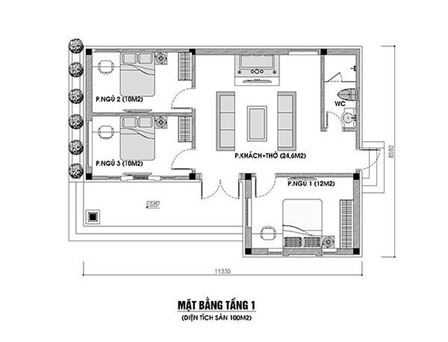 Bản vẽ mặt bằng nhà vuông 8x9m 1 tầng có phòng thờ