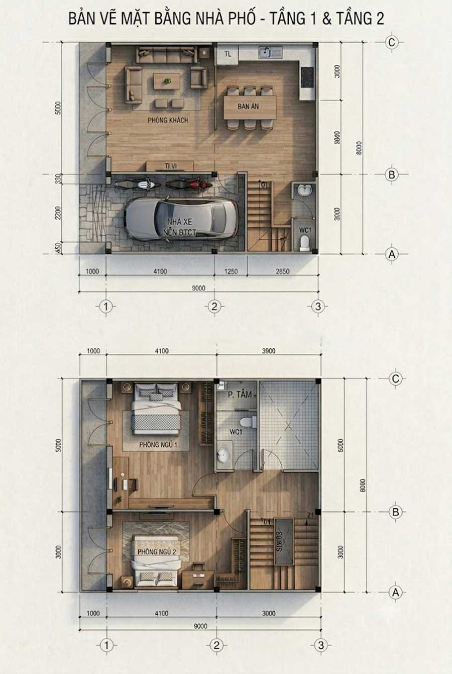 Phương án bố trí mặt bằng công năng nhà vuông 8x9m 2 tầng 