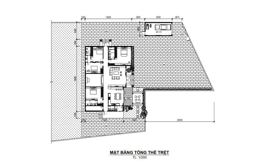 Mặt bằng nhà mái Nhật 1 tầng 4 phòng ngủ 1 phòng thờ