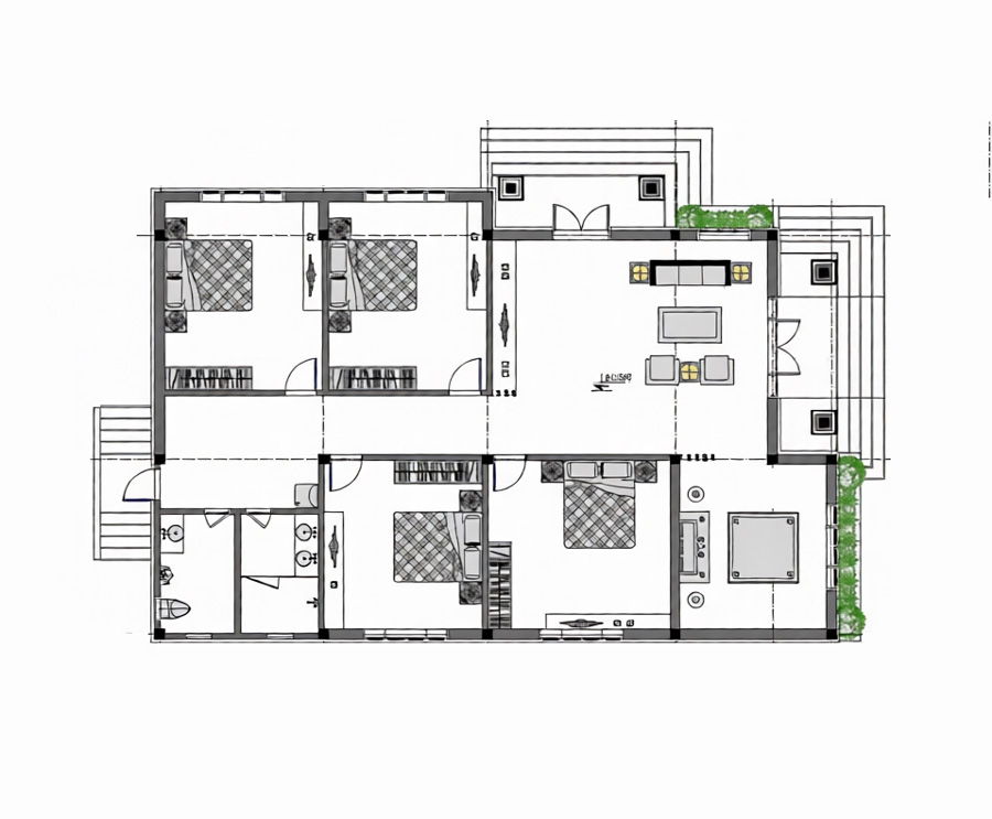 Mặt bằng nhà mái Nhật 1 tầng 4 phòng ngủ 200m2