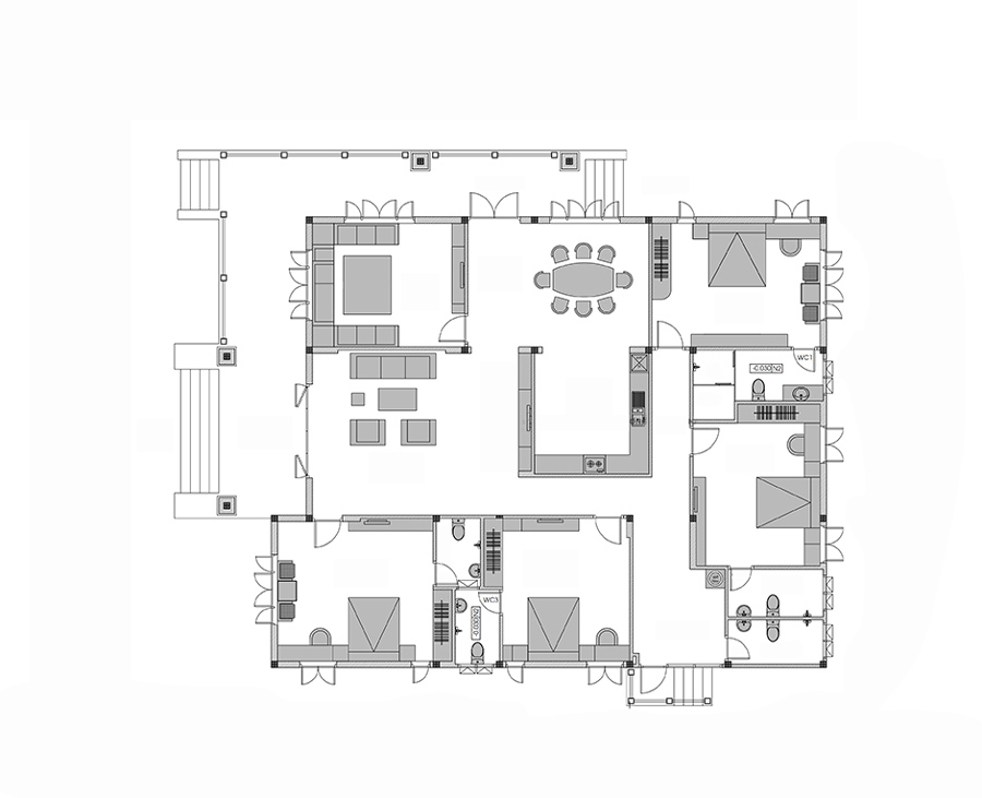 Mặt bằng nhà mái Nhật 1 tầng 4 phòng ngủ diện tích 250m2
