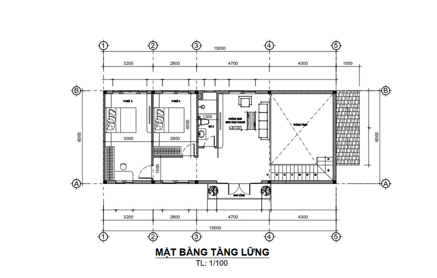 Mặt bằng tầng lửng nhà mái Nhật 1 tầng 4 phòng ngủ có gác lửng