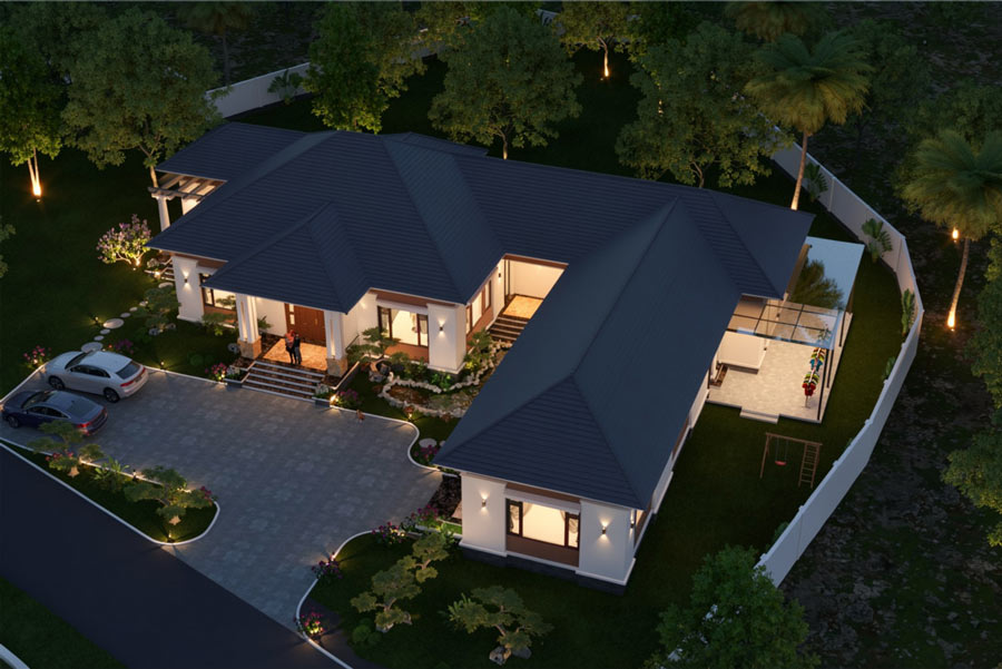 Mẫu biệt thự chữ L 1 tầng 4 phòng ngủ sang trọng