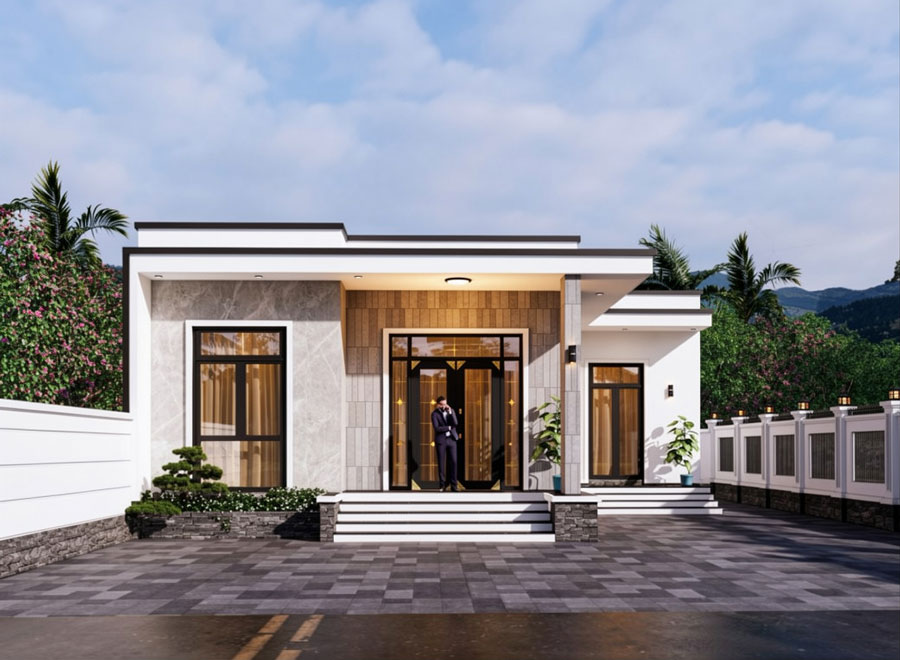 Mẫu biệt thự mini chữ L 1 tầng mái bằng