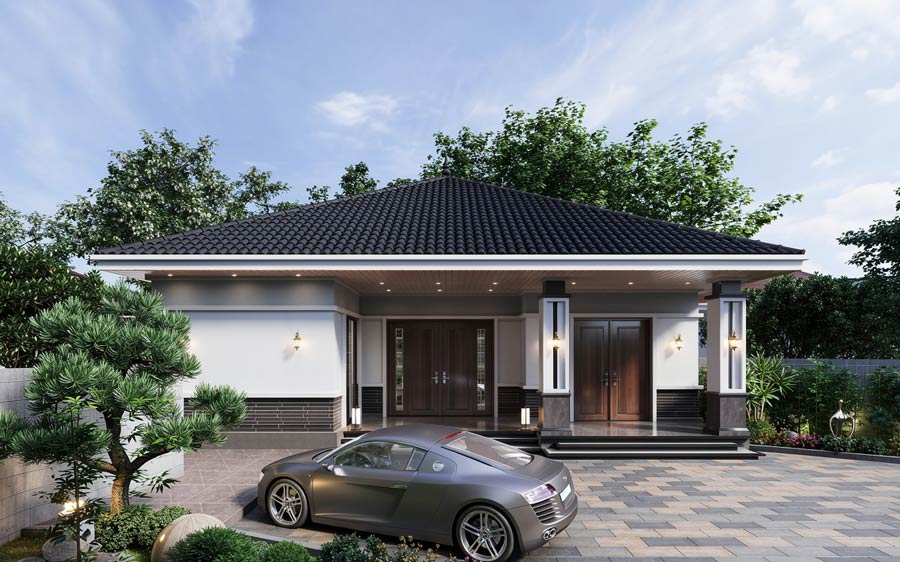 Mẫu nhà 1 tầng 3 phòng ngủ 100m2 có gara