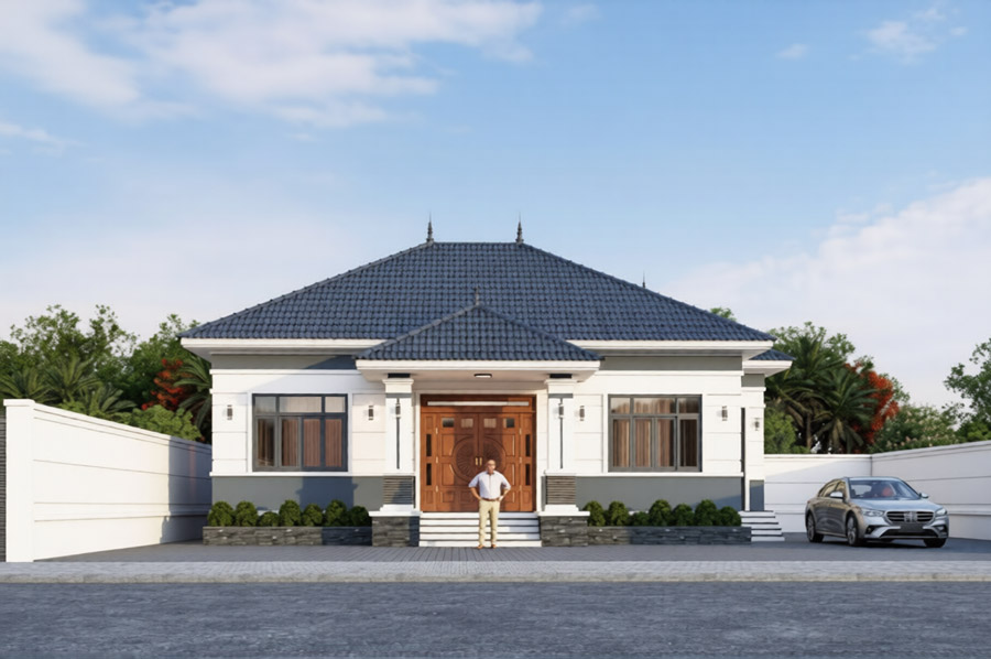 Mẫu nhà 1 tầng 3 phòng ngủ 100m2 có phòng thờ
