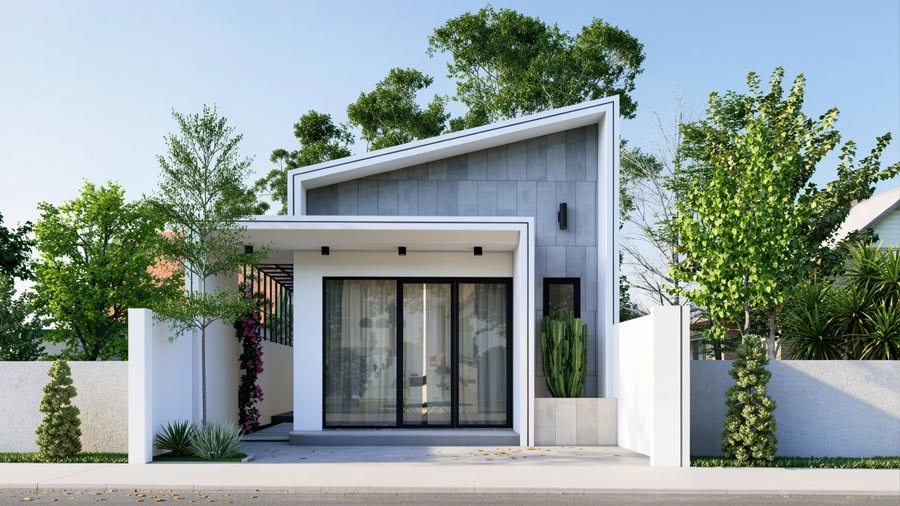 Mẫu nhà 1 tầng 3 phòng ngủ 5x20 mái lệch
