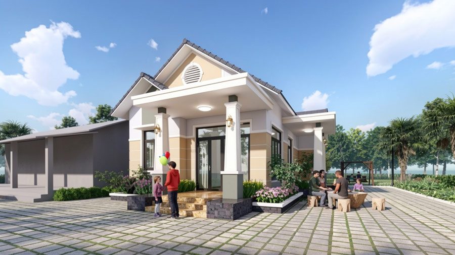 Mẫu nhà chữ L 100m2 3 phòng ngủ