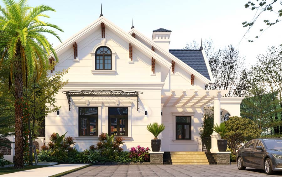 Mẫu nhà chữ L 100m2 có gác lửng