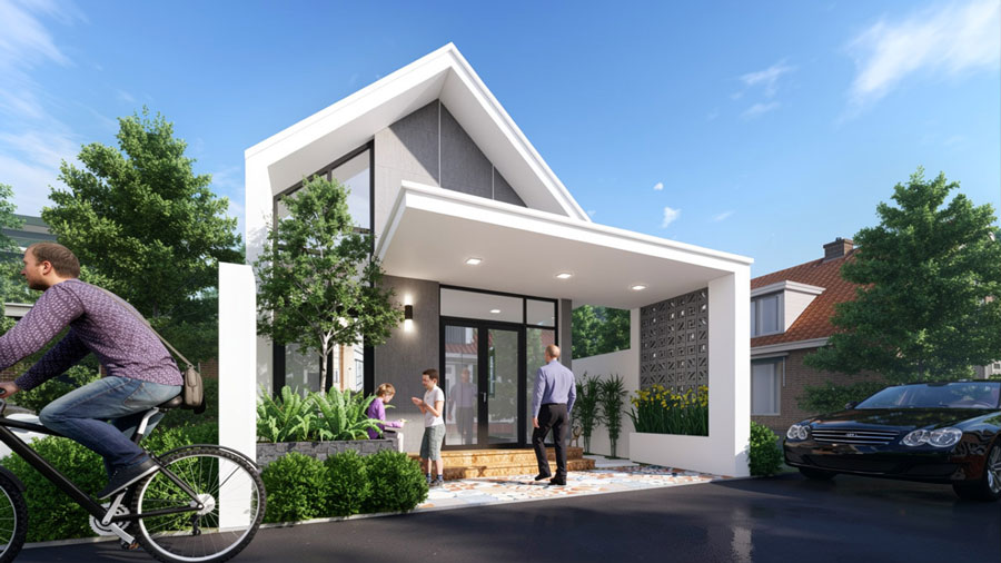Mẫu nhà chữ L 100m2 có gác lửng