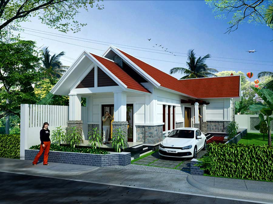 Mẫu nhà 1 tầng chữ L 100m2 có gara