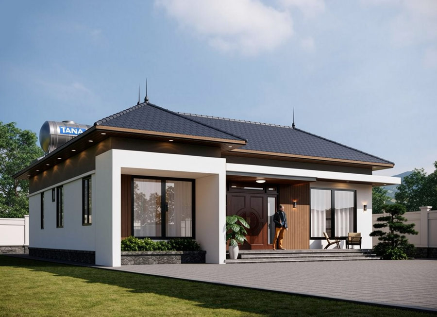 Mẫu nhà 1 tầng chữ L 100m2 có gara