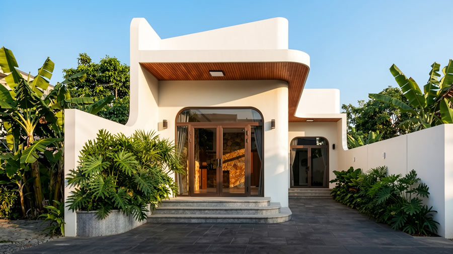 Mẫu nhà 1 tầng chữ L 100m2 có gara