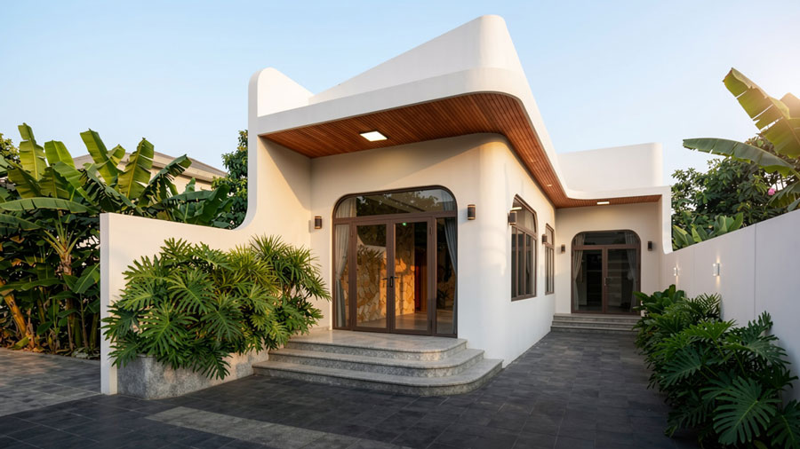 Mẫu nhà 1 tầng chữ L 100m2 có gara