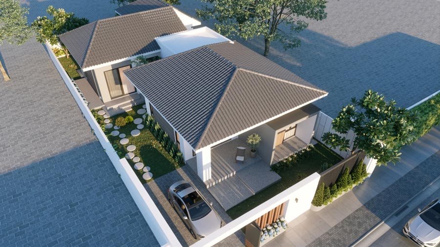 Mẫu nhà 1 tầng chữ L 100m2 có sân vườn
