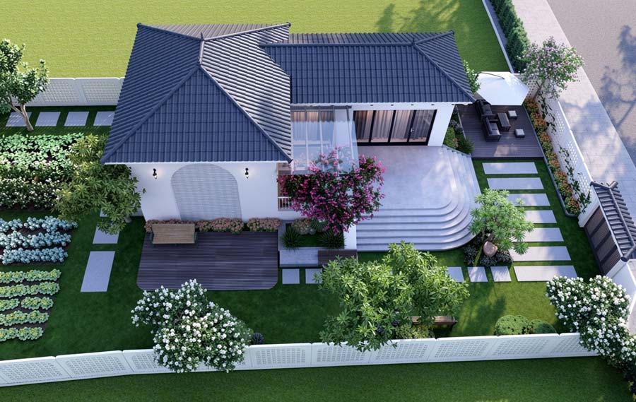 Mẫu nhà 1 tầng chữ L 100m2 có sân vườn