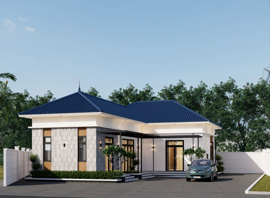 Mẫu nhà 1 tầng chữ L 100m2 mái Nhật