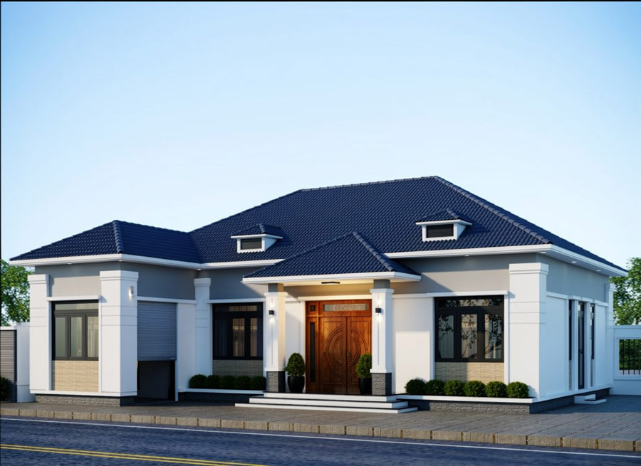 Mẫu nhà 1 tầng chữ L 100m2 mái Nhật