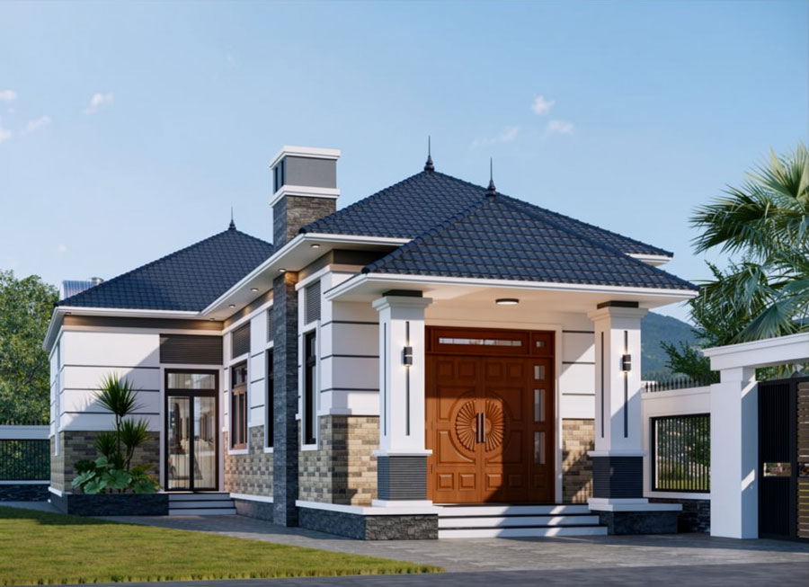Mẫu nhà 1 tầng chữ L 100m2 mái Nhật