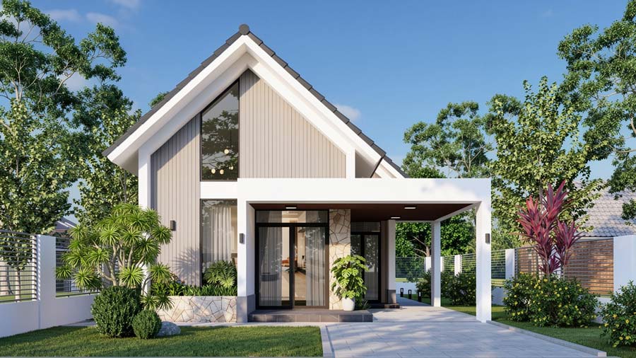 Mẫu nhà 1 tầng chữ L 100m2 mái Thái